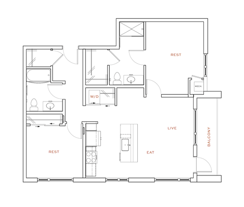 Floor plan for 2 beds, 2 baths, 1035 sqft